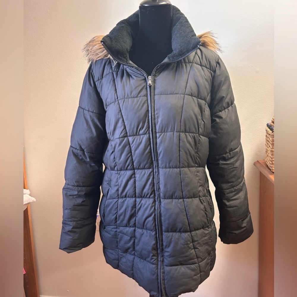 Siena studio large brown puffer winter coat zip up fur trim hood